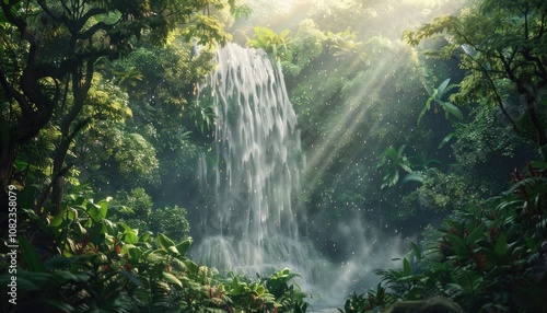 Lush Jungle Waterfall with Sunlight Rays Streaming Through Foliage