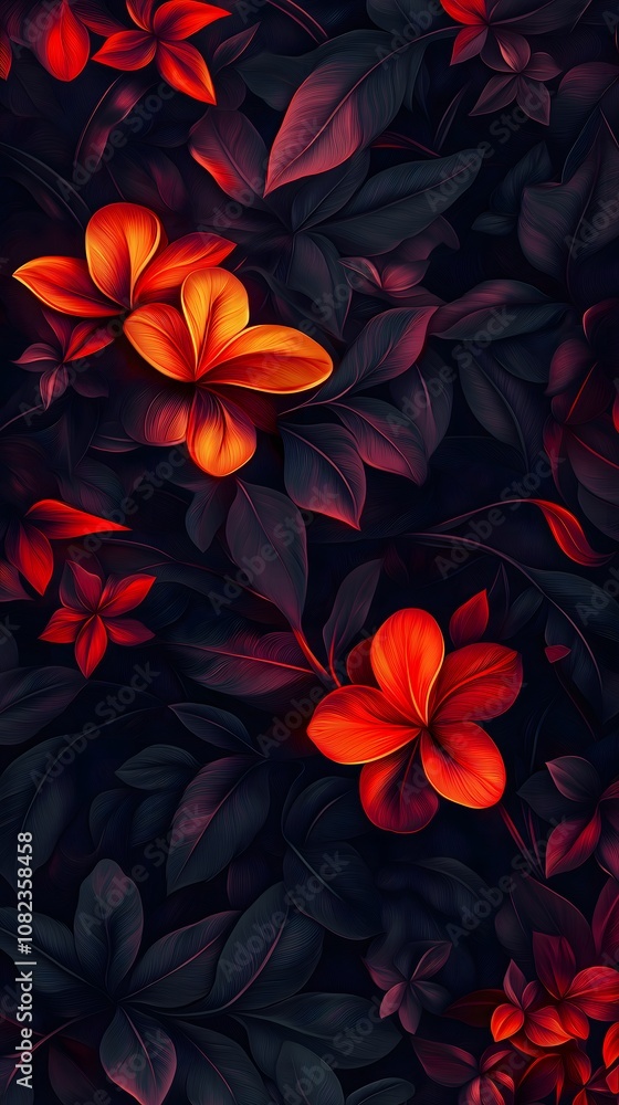 Red Frangipani Flowers on Dark Tropical Leaves Red Frangipani Flowers on Dark Tropical Leaves