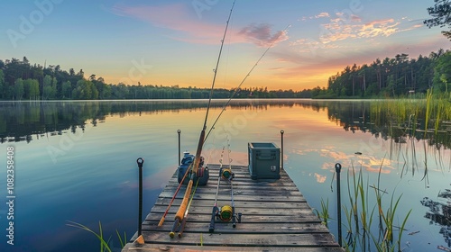 A picturesque fishing dock with rods and tackle boxes, Fishing gear arranged on a tranquil lakeside dock, Classic angler style photo