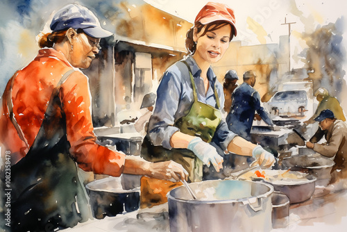 Watercolor painting of volunteers preparing food outdoors, representing charity work, community support, and compassion in a vibrant setting.