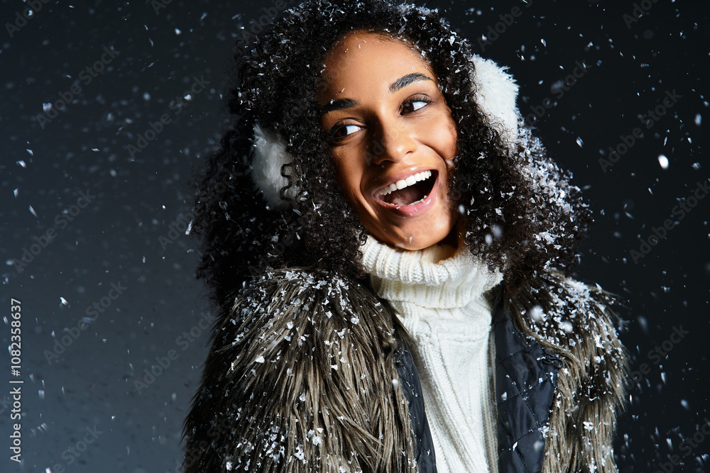 A beautiful brunette woman in earmuffs and faux fur warmly showcases her winter fashion in a studio. A beautiful brunette woman in earmuffs and faux fur warmly showcases her winter fashion in a studio.