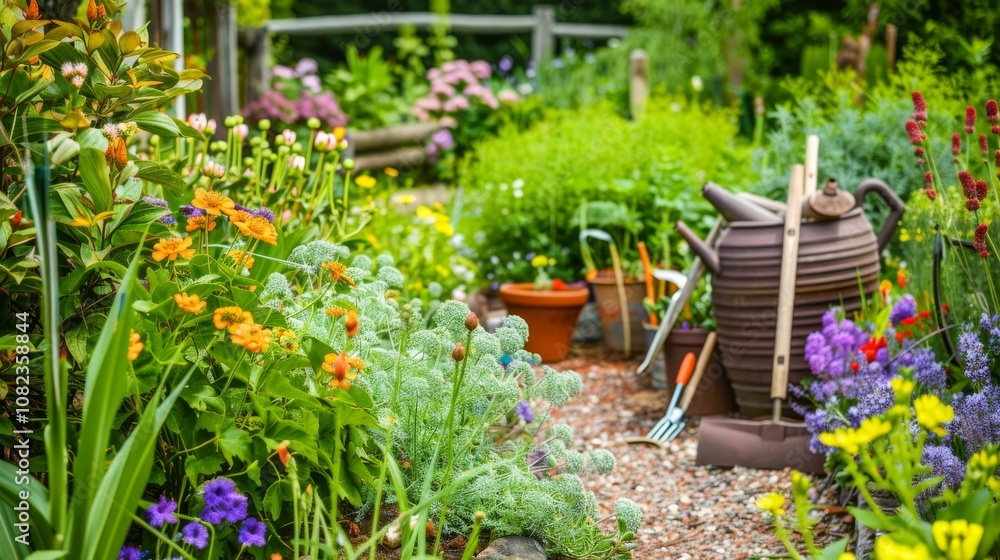 Naklejka premium A picturesque flower garden with gardening tools and blooming plants, Paths and garden beds meticulously maintained, Botanical sanctuary style