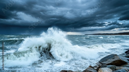 Large Ocean Wave Crashing Against Rocks Under Dark Storm Clouds