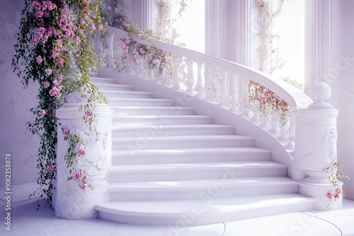 Marble white stairs with flower garlands, fantasy palace or heaven stone stair with floral decorations, fairytale princess castle interior, AI generated image with generative ai