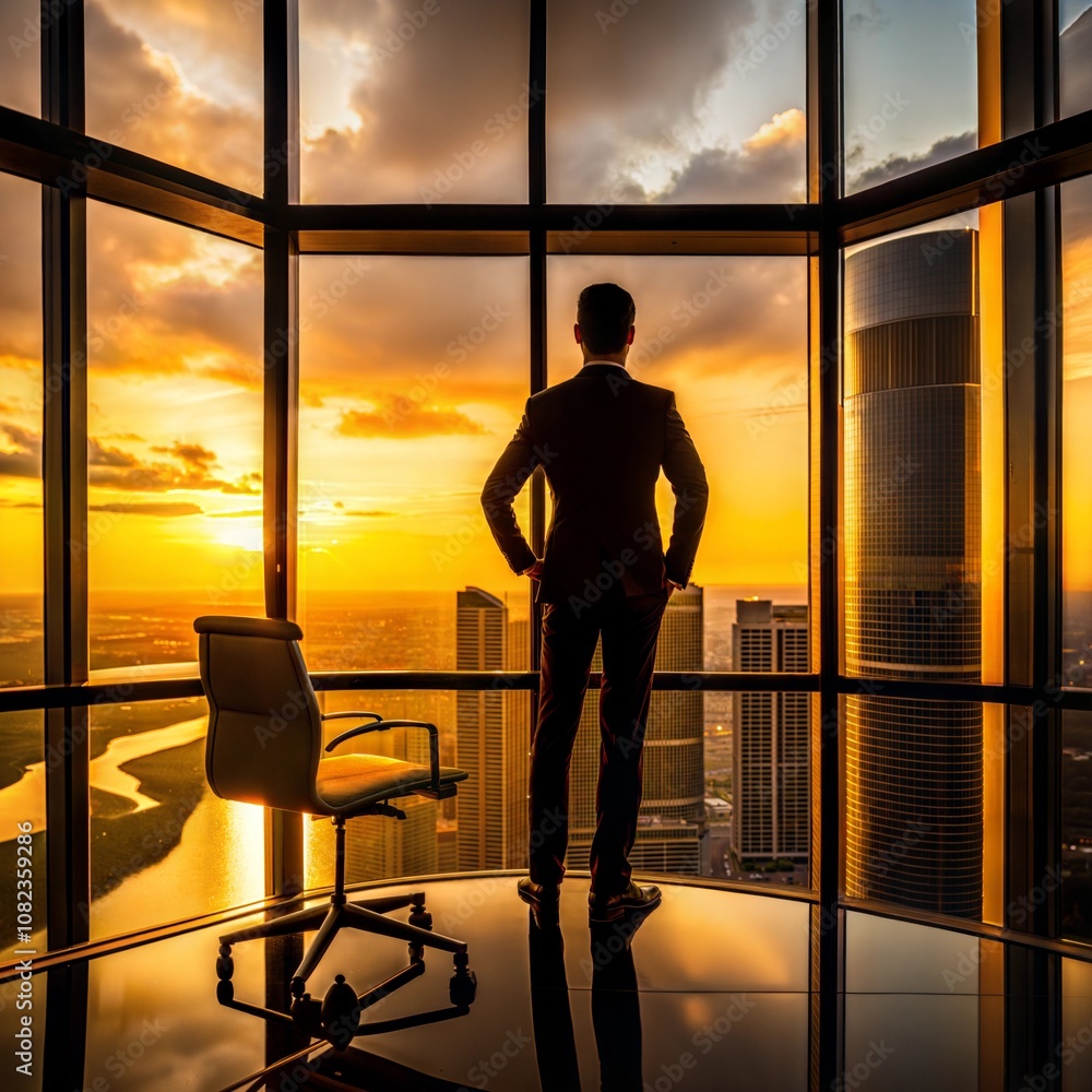 Businessman silhouette, contemplative and ambitious mood, looking at the sunset, modern office background Businessman silhouette, contemplative and ambitious mood, looking at the sunset, modern office background