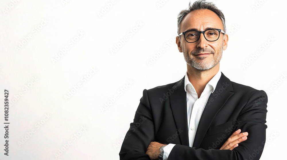 Confident Middle-Aged Businessman with Arms Crossed, Wearing Glasses, Demonstrating Professionalism and Approachability Against a Neutral Background Confident Middle-Aged Businessman with Arms Crossed, Wearing Glasses, Demonstrating Professionalism and Approachability Against a Neutral Background