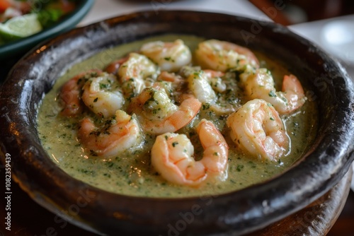 Shrimps served in a rich Culichi salsa or Poblano sauce, crafted as a delicious seafood entr��e, showcasing vibrant presentation and exquisite flavors. photo