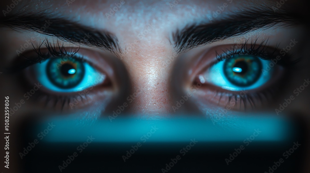 Closeup of tired eyes staring at a phone screen, low blue light from the device, reflecting stress and fatigue Closeup of tired eyes staring at a phone screen, low blue light from the device, reflecting stress and fatigue