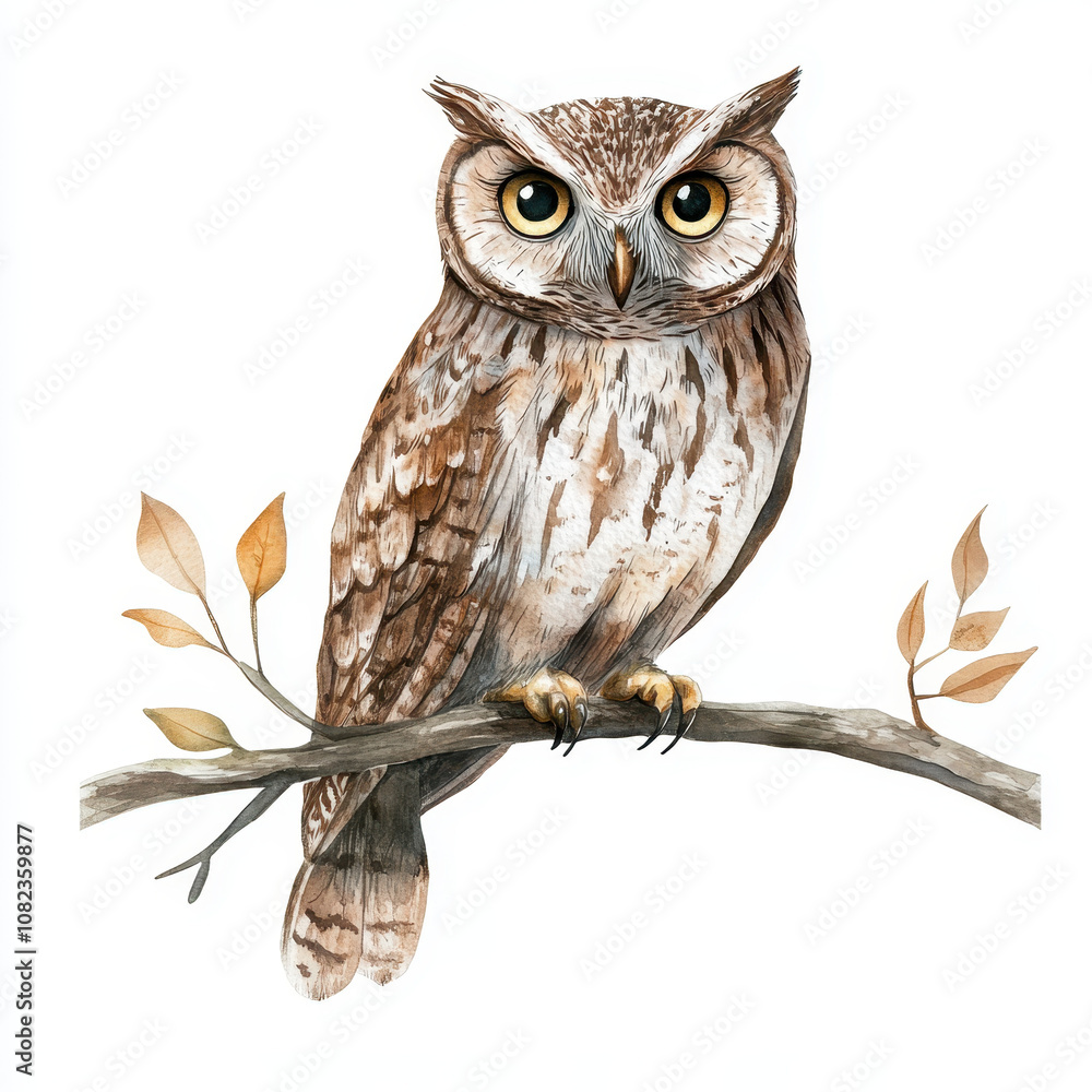 Fototapeta premium detailed owl perched on branch, showcasing its striking features and natural colors. This illustration captures essence of wildlife in serene forest setting