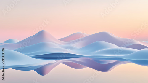 Beautiful 3d render of an aesthetic landscape, featuring rolling hills and serene water bodies in a harmonious composition. Harmonious. Illustration