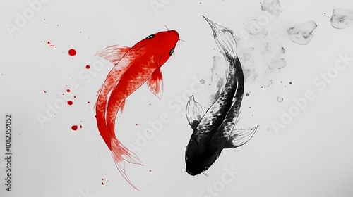Traditional Chinese  two koi carp ink painting illustration poster background