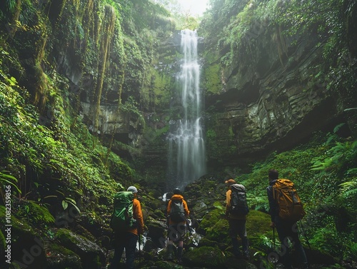 Hikers Pausing to Admire Secluded Waterfall in Lush Rainforest Landscape