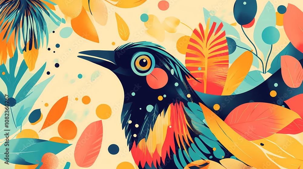 Naklejka premium Beautiful summer poster full of colour and abstract shapes, bird's face, and feathers, detailed, cohesive, harmonious illustration. Harmonious. Illustration