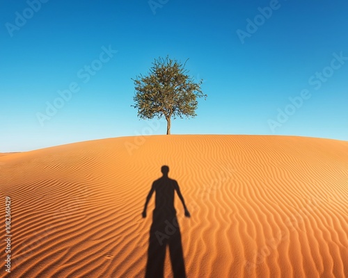 Lone Hiker s Silhouette Trekking Across Vast Desert Dunes Towards Solitary Tree