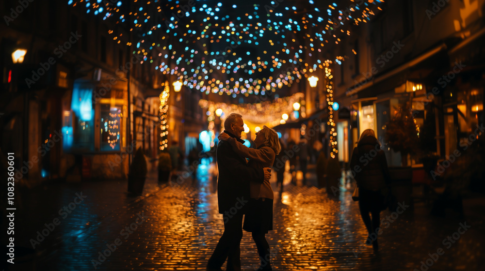 Happy old married couple in love, portrait of elderly man and woman dancing on holiday night street among lanterns and lights. Happy old married couple in love, portrait of elderly man and woman dancing on holiday night street among lanterns and lights.