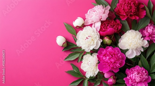 Beautiful Peonies in Shades of White, Pink, and Magenta Arranged on a Bright Pink Background, Offering a Fresh, Elegant, and Feminine Touch, Perfect for Floral-Themed Projects and Spring Designs.