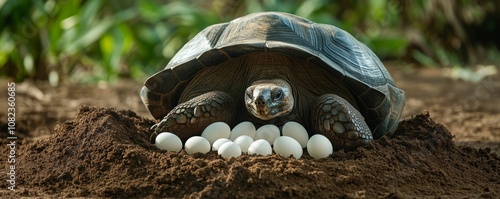 Galapagos giant tortoise laying eggs in dirt mound photo