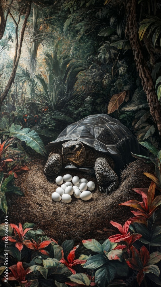 Naklejka premium Giant tortoise guarding eggs in lush jungle habitat
