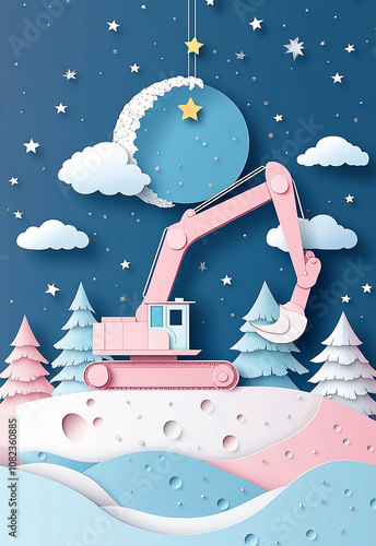 Surreal excavator in moonlit dreamscape with whimsical paper art and night sky