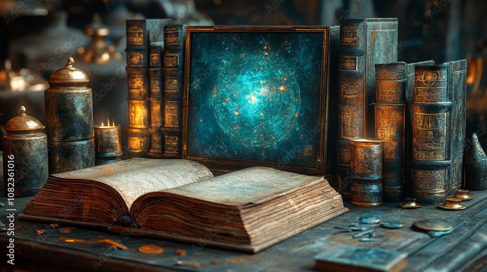 Fototapeta premium Fantasy Book Display with Magic and Artifacts. Generative AI