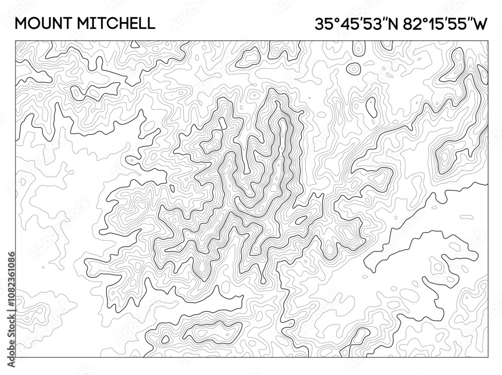 Αυτοκόλλητο Contour map of Mount Mitchell featuring precise elevation lines and geographic coordinates