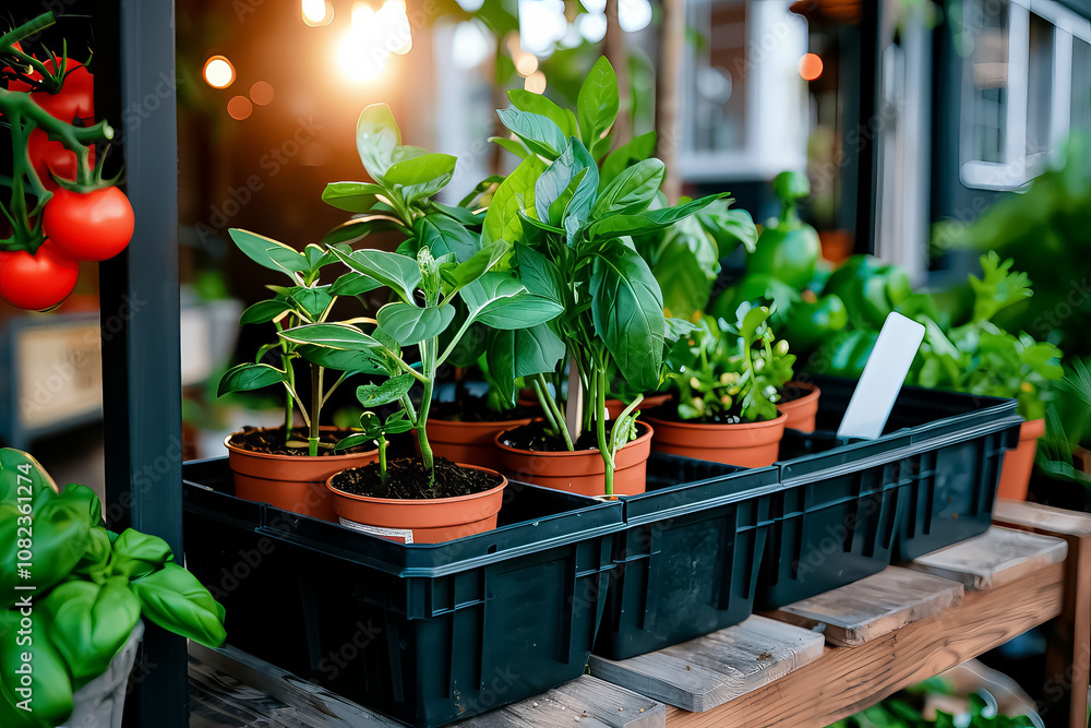 A row of potted plants sit on a wooden shelf, including some basil and tomatoes A row of potted plants sit on a wooden shelf, including some basil and tomatoes
