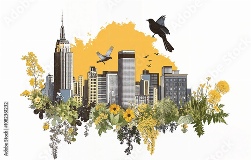 a digital illustration of a cityscape with a yellow taxi, a skyscraper, and a bird in flight.