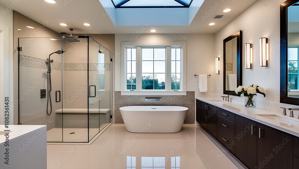 custom made wallpaper toronto digitalLuxurious modern bathroom featuring a glass shower, freestanding tub, double vanity, natural light, recessed lighting, and sleek finishes in a bright, airy space.