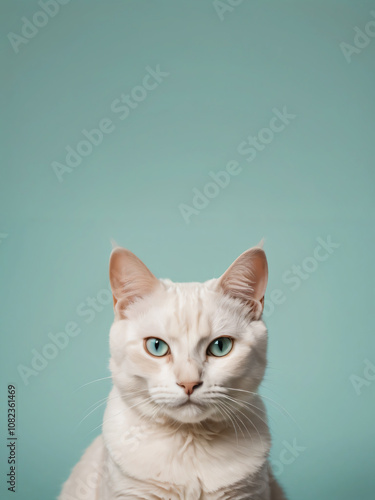 A cat sits against a plain background