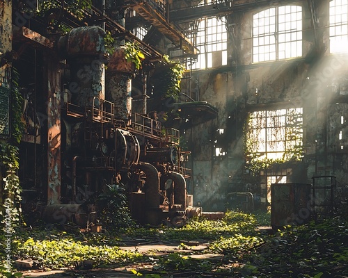 Abandoned Steel Mill with Rusty Machinery and Overgrown Nature photo