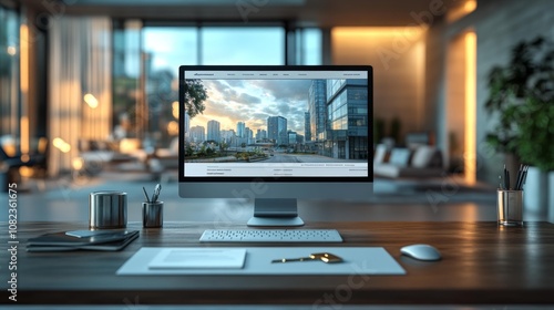 Real Estate Website Mockup with Modern Building Background. Generative AI