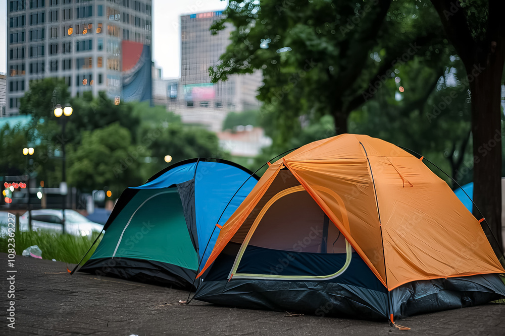 Two tents are set up in a park, one of which is orange Two tents are set up in a park, one of which is orange