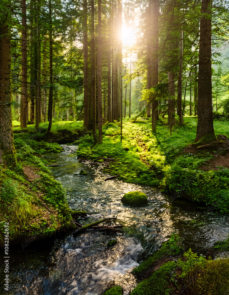 Obraz premium A sunlit forest path winds along a tranquil stream