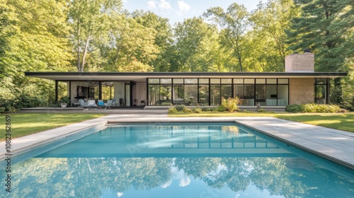 Wallpaper Mural Modern house with large windows and pool, surrounded by lush greenery. Torontodigital.ca