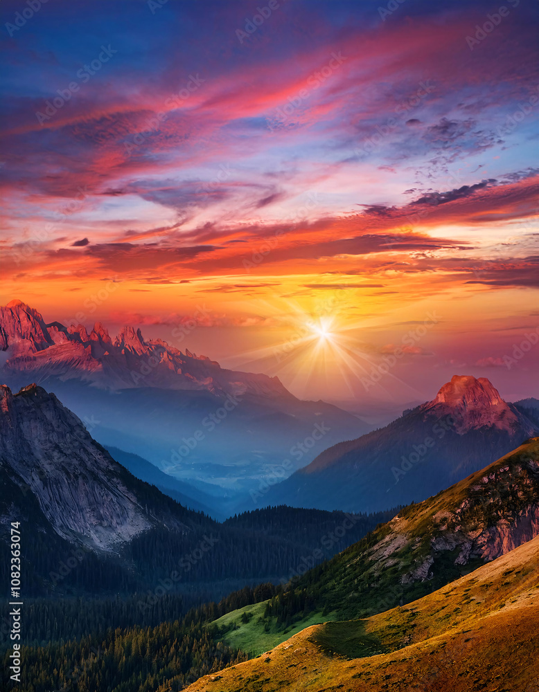 Dramatic mountain scenery at sunset with a vibrant sky Dramatic mountain scenery at sunset with a vibrant sky