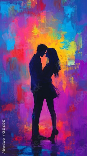 Couple Silhouette Romantic Embrace Vibrant Sunset Painting