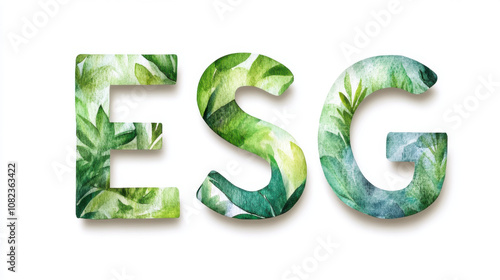 ESG letters in watercolor style with green foliage, symbolizing sustainability and environmental awareness. This artistic representation highlights eco friendly values