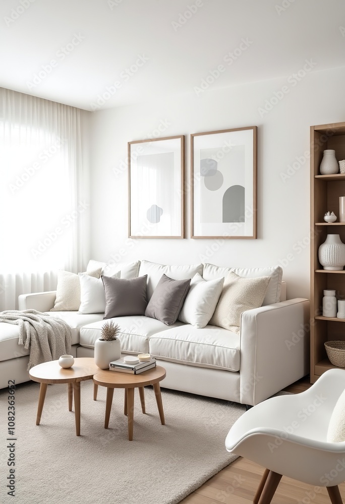 Bright and Airy Scandinavian Living Room with White Sofa, Plush Pillows, and Sheer Curtains
Bright and Airy Scandinavian Living Room with White Sofa, Plush Pillows, and Sheer Curtains