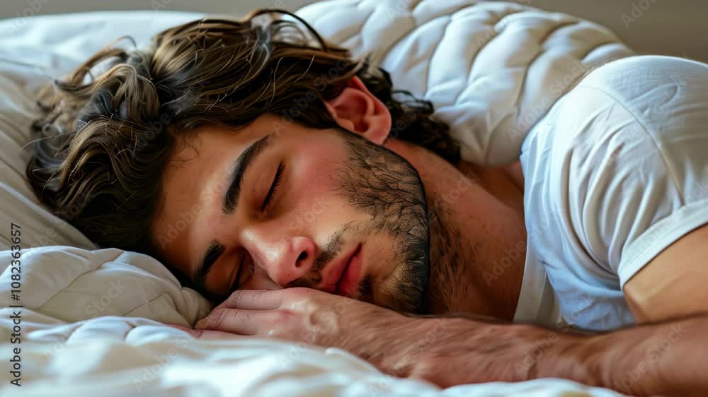 A young man peacefully sleeping in a cozy bedroom during the afternoon, showcasing tranquility and relaxation A young man peacefully sleeping in a cozy bedroom during the afternoon, showcasing tranquility and relaxation