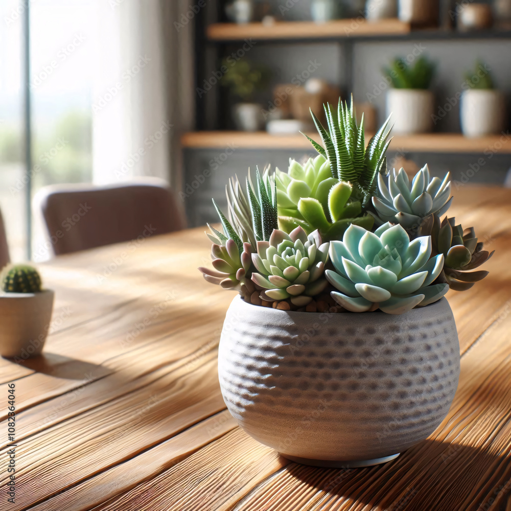 A collection of succulents in a ceramic pot on a wooden table, bathed in soft sunlight A collection of succulents in a ceramic pot on a wooden table, bathed in soft sunlight
