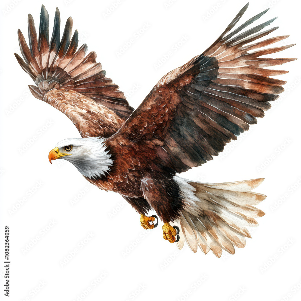 Obraz premium majestic eagle in flight, showcasing its powerful wings and striking features. This wildlife illustration captures essence of freedom and grace in nature