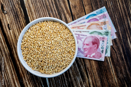 Turkish money and grain products, symbol of agriculture and trade photo