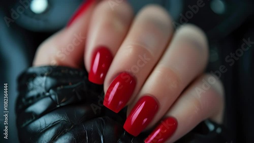 Striking red nail polish showcases bold fashion against a black leather backdrop in urban setting