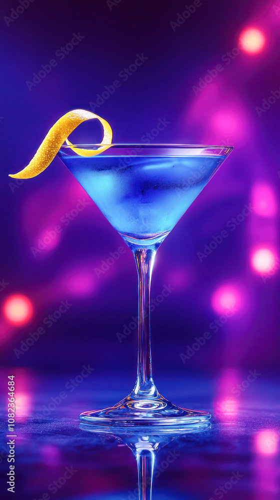 Classic martini cocktail with a lemon twist in an elegant glass against a vibrant purple and blue background. Classic martini cocktail with a lemon twist in an elegant glass against a vibrant purple and blue background.