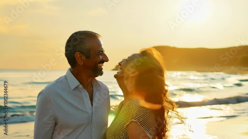 Joyful happy mature couple laugh on beach at sunset. Deep connection between elder loving people. Cute old newlyweds hold hands. Romantic love date. Beautiful newlyweds at honeymoon. Sunny vacation.