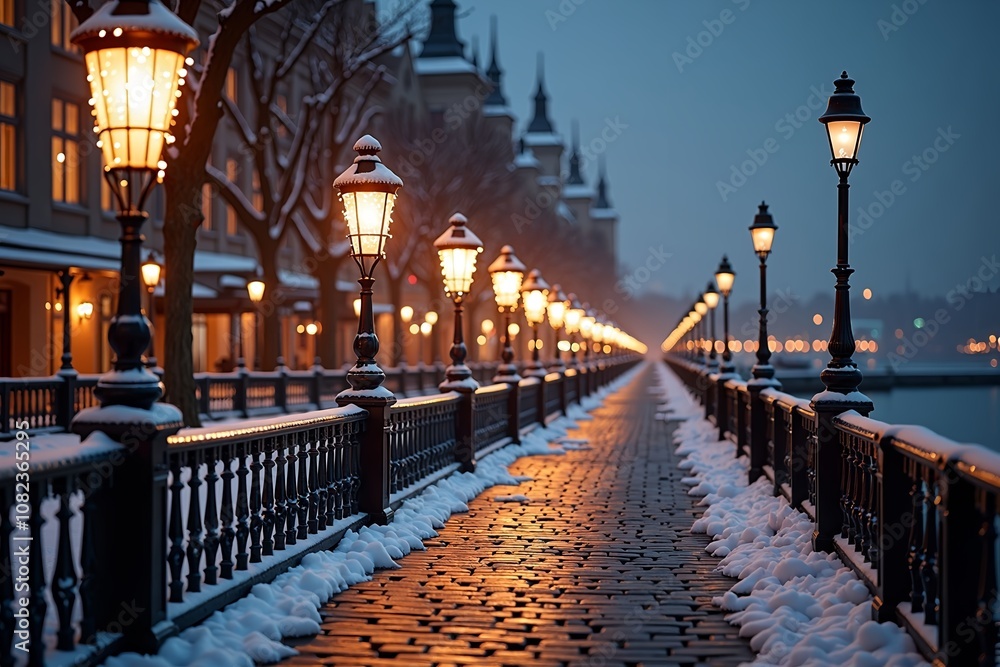 Obraz premium Victorian-style waterfront promenade at dusk with ornate iron railings wrapped in twinkling fairy lights, vintage lampposts casting warm light on a snow-dusted cobblestone path