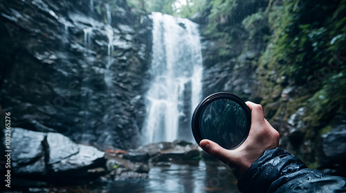 A photographer holding a polarizing filter in front of the camera lens to reduce glare while capturing a stunning waterfall scene 