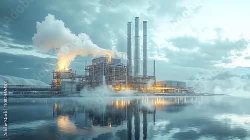 3 Geothermal energy production facility, steam rising, 3D illustration