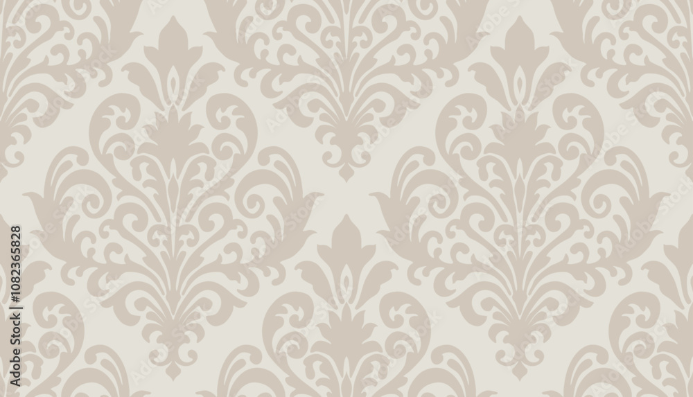 Light beige damask floral pattern with intricate swirls on a pale background for sophisticated decor. Damask seamless pattern. Light beige damask floral pattern with intricate swirls on a pale background for sophisticated decor. Damask seamless pattern.