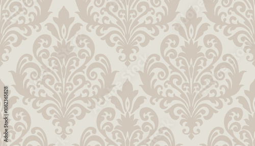 Light beige damask floral pattern with intricate swirls on a pale background for sophisticated decor. Damask seamless pattern.